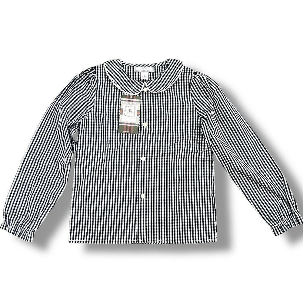 NWT CPC Classic Prep Navy White Gingham Scalloped Collar Button Blouse Shirt 7